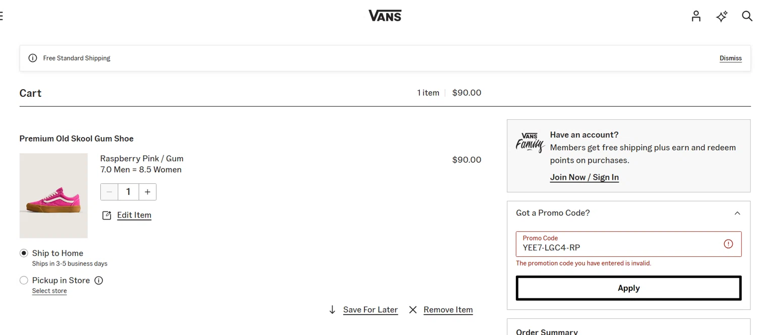 Vans promo code screenshot showing code YEE7-LGC4-RP applied at Vans checkout page. Uploaded by SimplyCodes community member Coolemorestt on Apr 16, 2025
