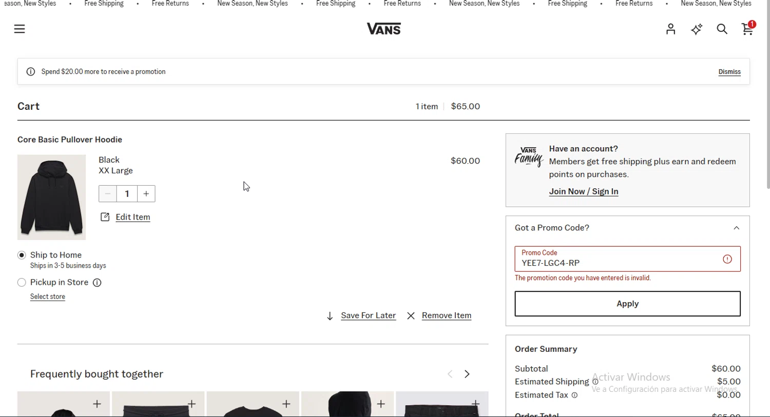 Vans promo code screenshot showing code YEE7-LGC4-RP applied at Vans checkout page. Uploaded by SimplyCodes community member Heibk201 on Mar 24, 2025