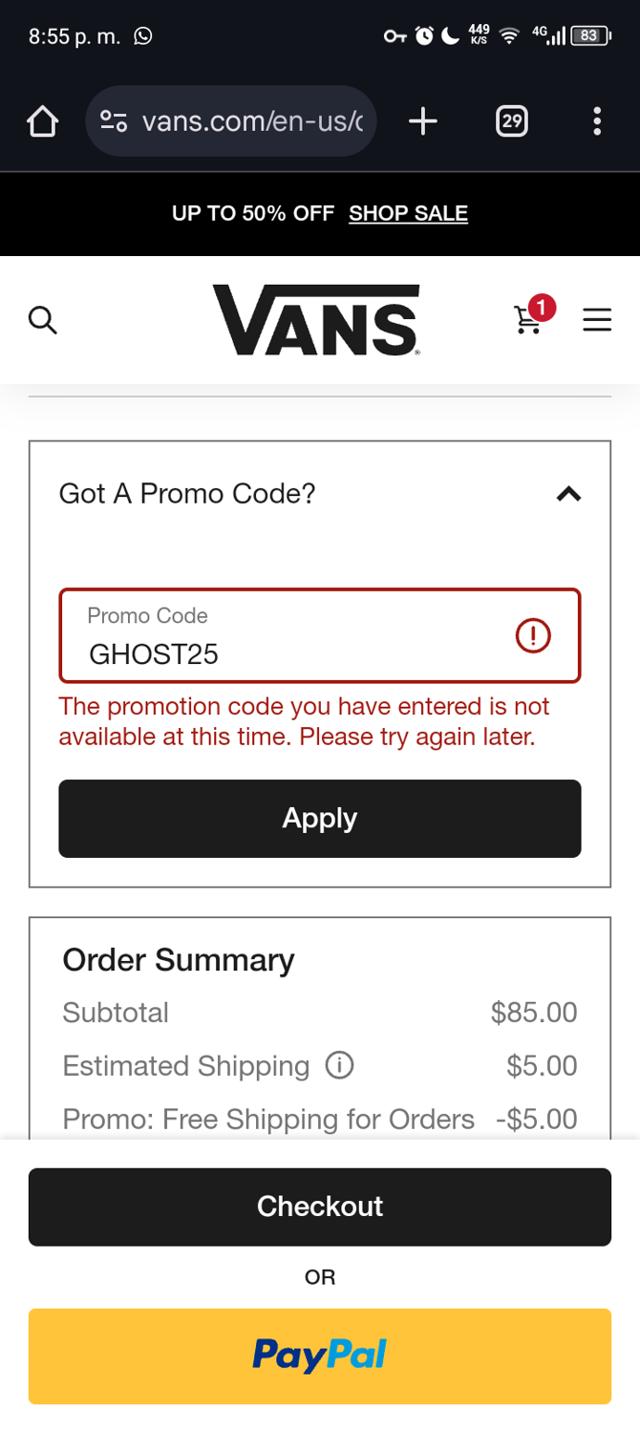 Vans checkout page showing Vans promo code box | Screenshot taken by SimplyCodes community member on Oct 29, 2024