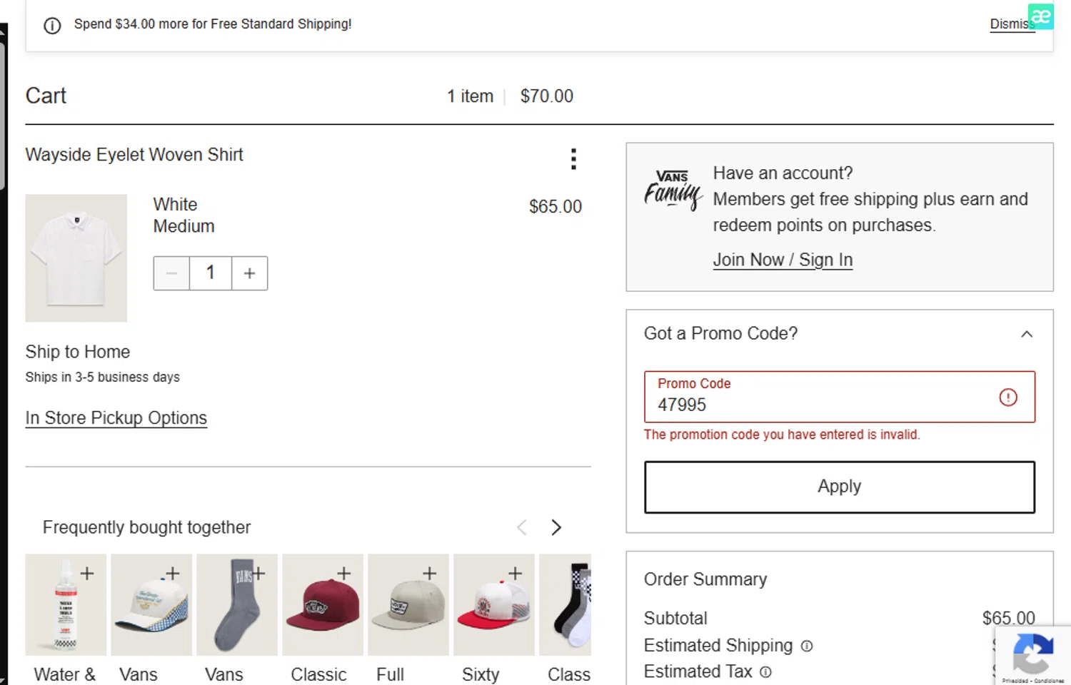 Vans promo code screenshot showing code 47995 applied at Vans checkout page. Uploaded by SimplyCodes community member FrugalHunter3134 on May 30, 2025