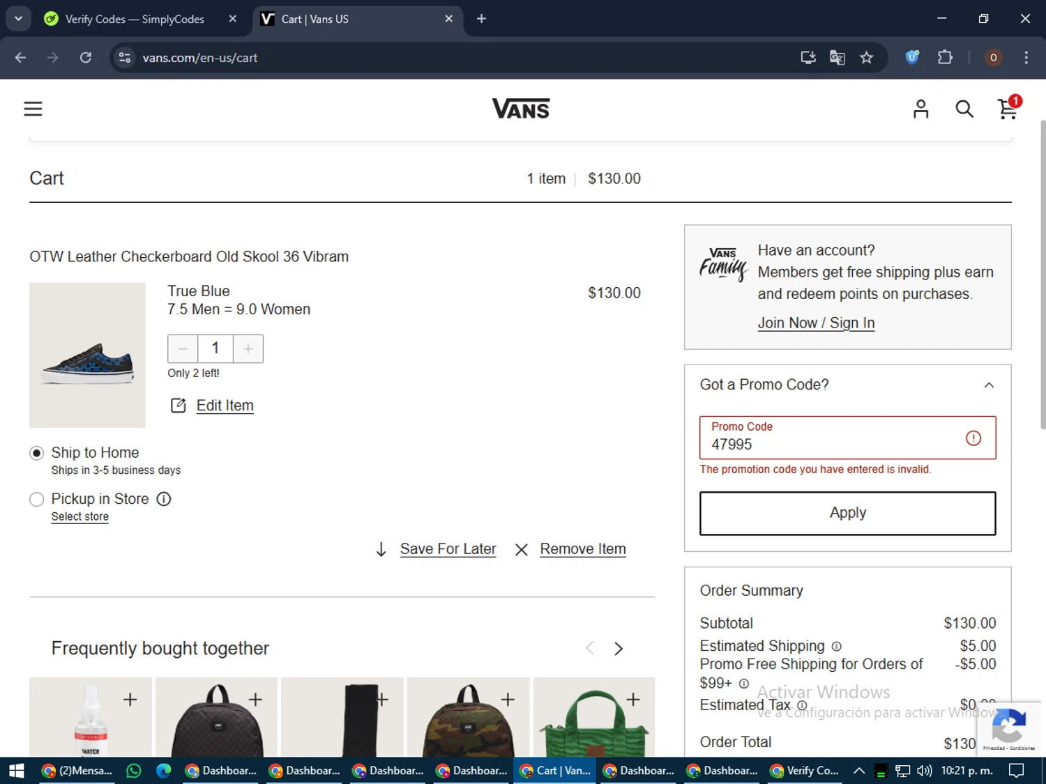 Vans promo code screenshot showing code 47995 applied at Vans checkout page. Uploaded by SimplyCodes community member LegendaryAdmiral8649 on May 30, 2025