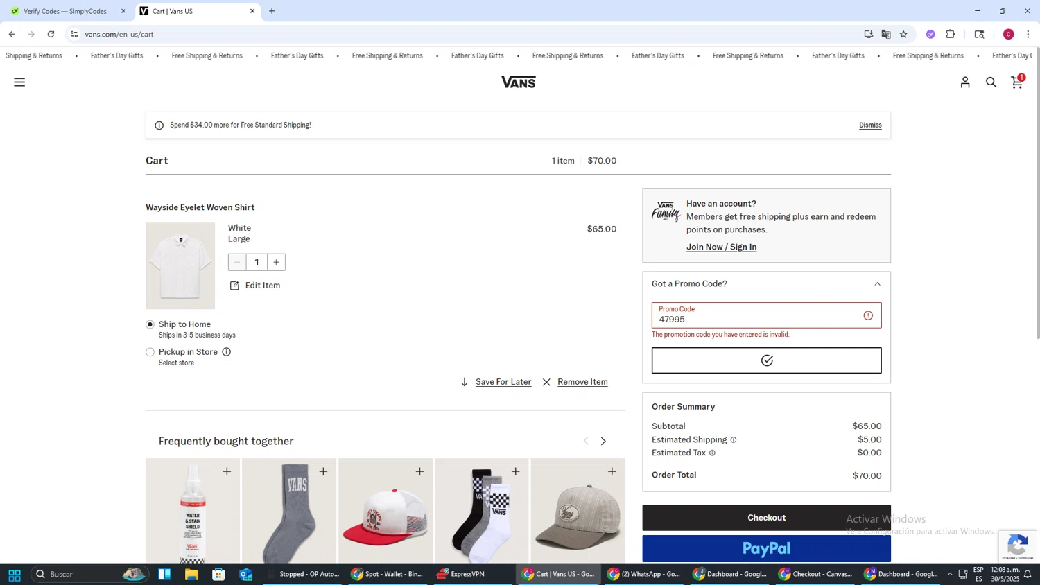 Vans promo code screenshot showing code 47995 applied at Vans checkout page. Uploaded by SimplyCodes community member TOROREX250 on May 30, 2025