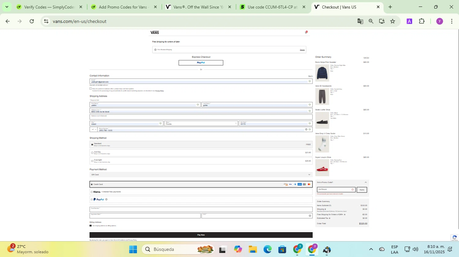 Vans promo code screenshot showing code EXTRA20 applied at Vans checkout page. Uploaded by SimplyCodes community member yadicg054 on Nov 16, 2025