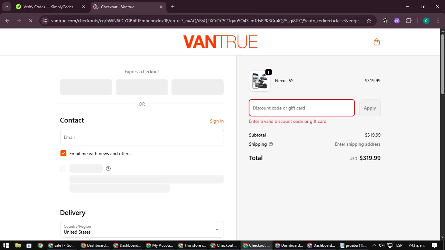Vantrue discount code screenshot showing code VANTRUE10 applied at Vantrue checkout page. Uploaded by SimplyCodes community member LuckyDefender9428 on Dec 3, 2025