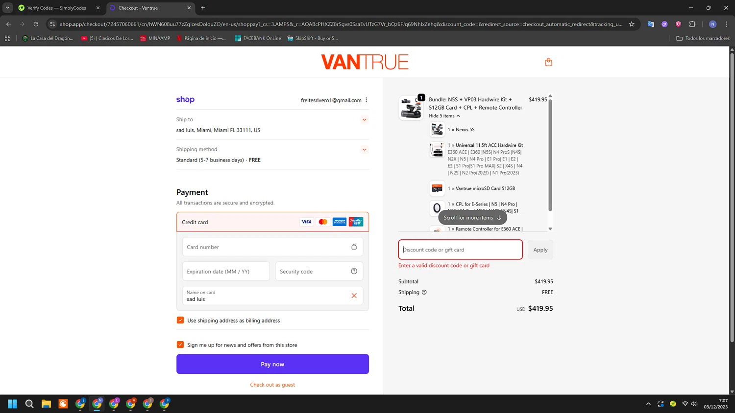 Vantrue discount code screenshot showing code VANTRUE10 applied at Vantrue checkout page. Uploaded by SimplyCodes community member RoyalGuardian2978 on Dec 3, 2025