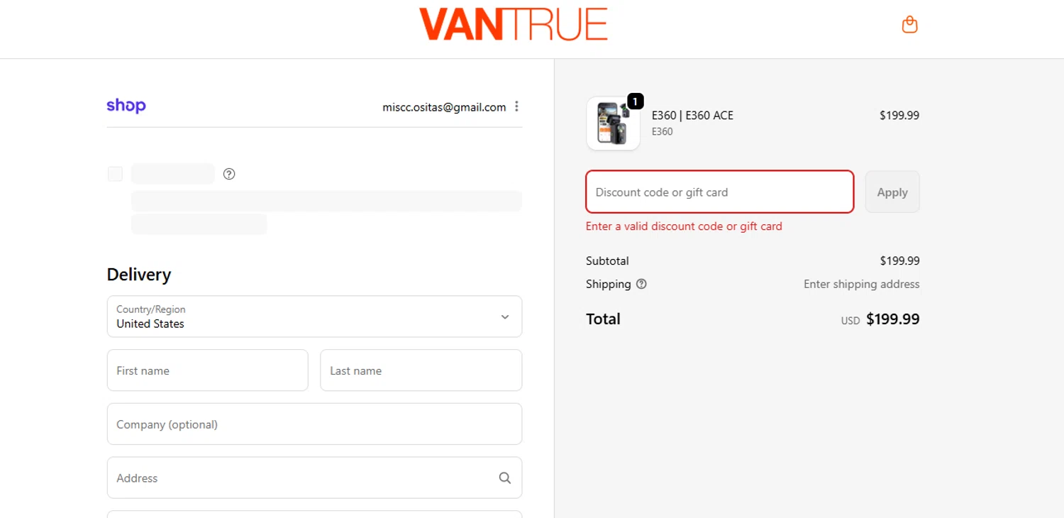 Vantrue discount code screenshot showing code VANTRUE10BA applied at Vantrue checkout page. Uploaded by SimplyCodes community member BrilliantFalcon6936 on Nov 7, 2025
