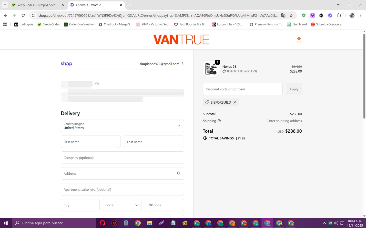 Vantrue discount code screenshot showing code BISFORBUILD applied at Vantrue checkout page. Uploaded by SimplyCodes community member JoseH45 on Nov 18, 2025