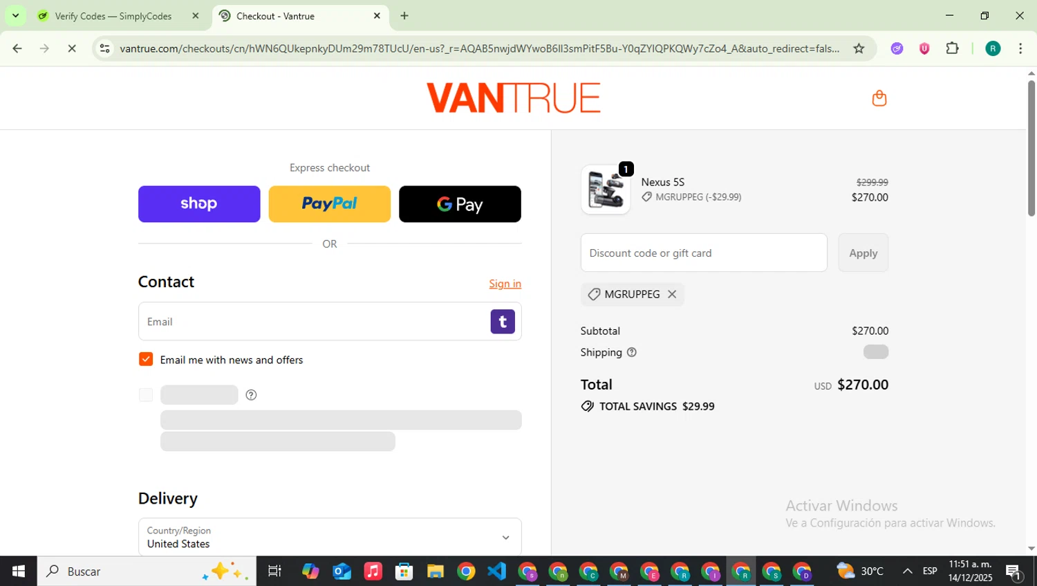 Vantrue discount code screenshot showing code MGRUPPEG applied at Vantrue checkout page. Uploaded by SimplyCodes community member SavingsLegend387 on Dec 14, 2025