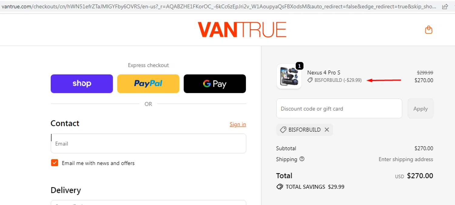 Vantrue discount code screenshot showing code BISFORBUILD applied at Vantrue checkout page. Uploaded by SimplyCodes community member EMILIANOMASABE on Nov 7, 2025