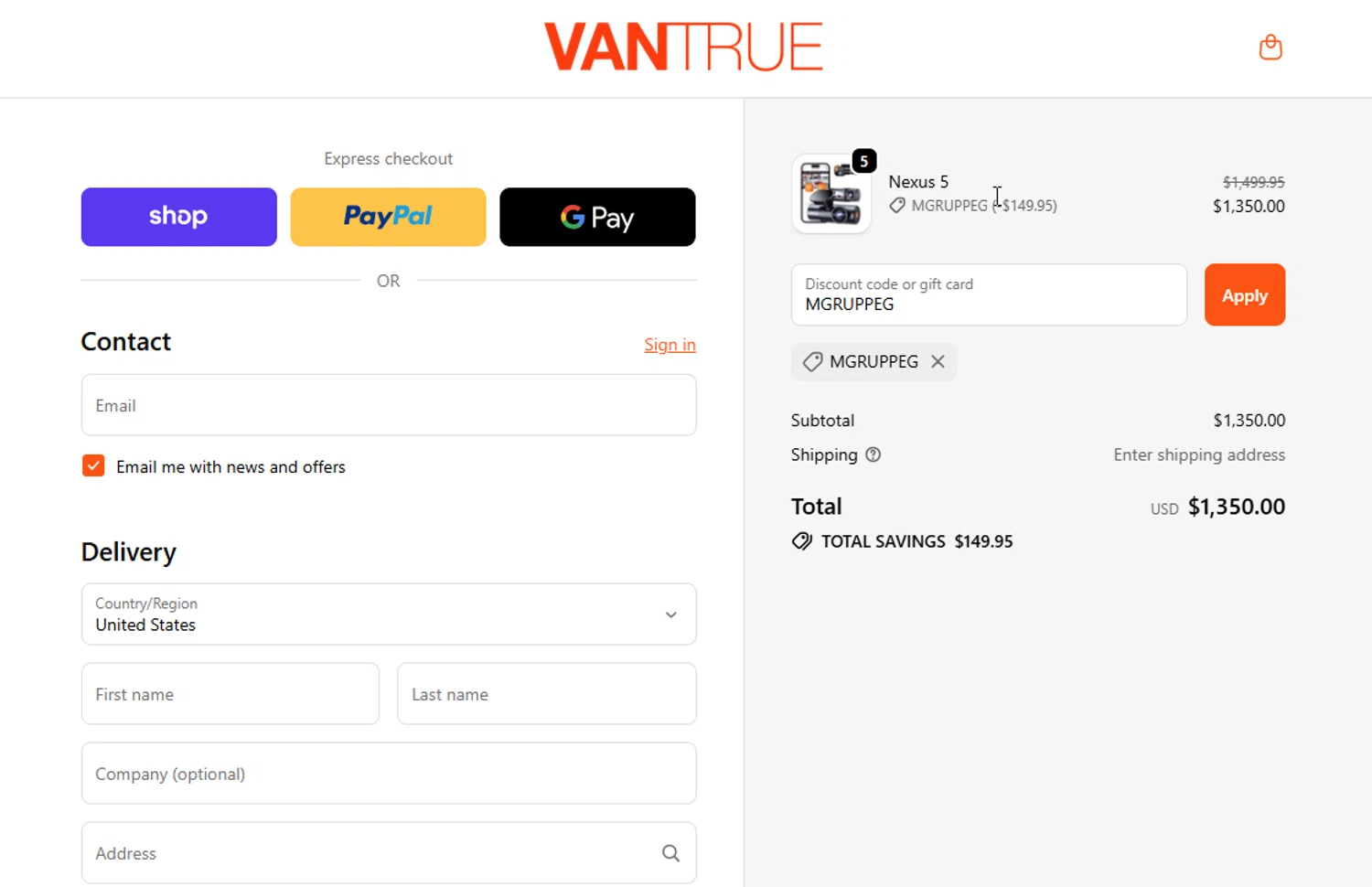 Vantrue discount code screenshot showing code MGRUPPEG applied at Vantrue checkout page. Uploaded by SimplyCodes community member danyx_gx on Dec 3, 2025