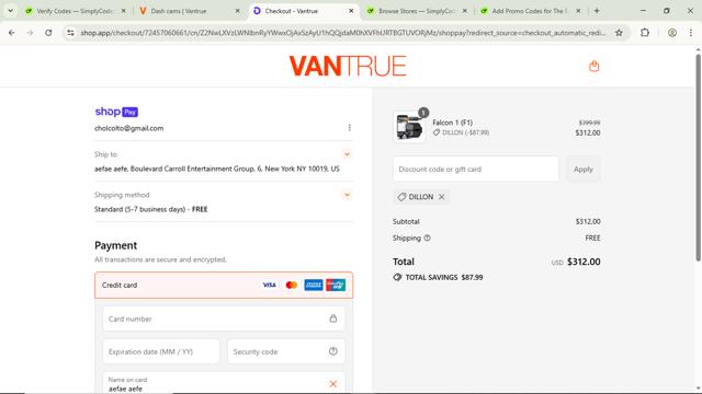 Vantrue US checkout page showing Vantrue US promo code box | Screenshot taken by SimplyCodes community member on Jul 13, 2025