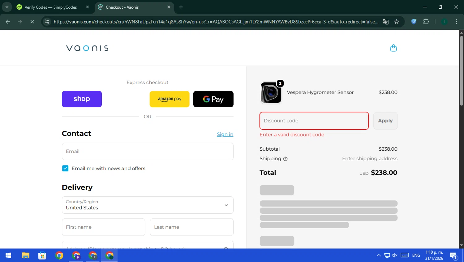Vaonis promo code screenshot showing code NIICKJACKSON applied at Vaonis checkout page. Uploaded by SimplyCodes community member rodri1 on Jan 31, 2026