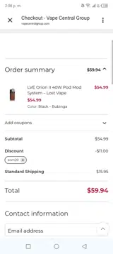 Vape Central Group coupon verification screenshot