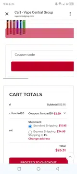 Vape Central Group coupon verification screenshot