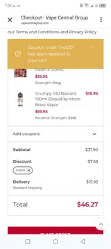Vape Central Group coupon verification screenshot