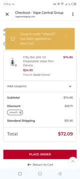 Vape Central Group coupon verification screenshot