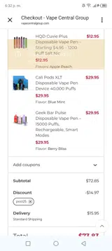 Vape Central Group coupon verification screenshot
