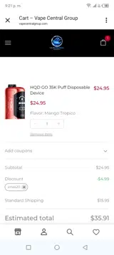 Vape Central Group coupon verification screenshot