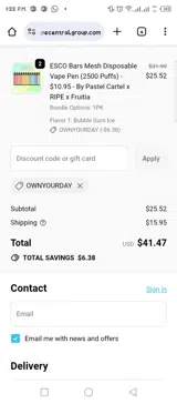Vape Central Group coupon verification screenshot