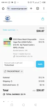 Vape Central Group coupon verification screenshot