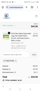 Vape Central Group coupon verification screenshot