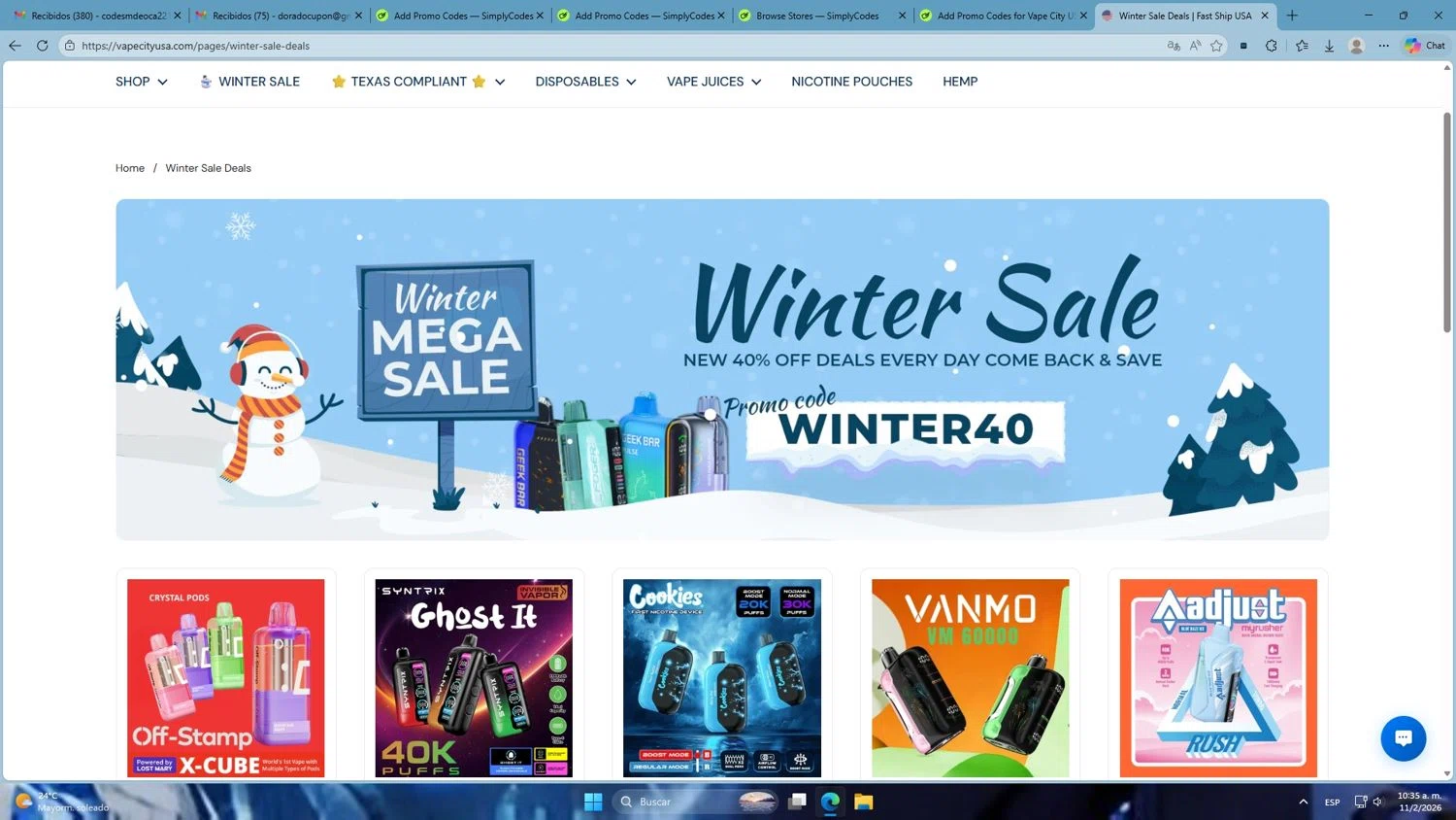 Vape City USA promo code screenshot showing code WINTER40 applied at Vape City USA checkout page. Uploaded by SimplyCodes community member Mdeoca on Feb 11, 2026