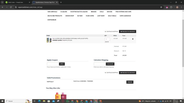 VapeMarkDown checkout page showing VapeMarkDown coupon code box | Screenshot taken by SimplyCodes community member on Jul 10, 2024