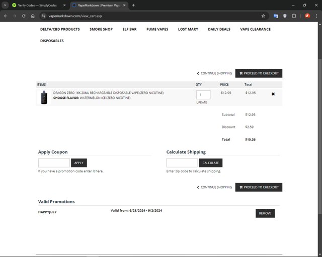 VapeMarkDown checkout page showing VapeMarkDown coupon code box | Screenshot taken by SimplyCodes community member on Aug 15, 2024