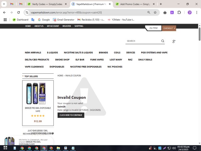 VapeMarkDown checkout page showing VapeMarkDown coupon code box | Screenshot taken by SimplyCodes community member on Mar 24, 2025