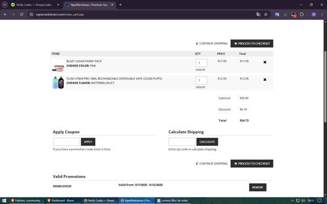 VapeMarkDown checkout page showing VapeMarkDown coupon code box | Screenshot taken by SimplyCodes community member on May 9, 2025