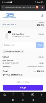 Vape Pens Wholesale coupon verification screenshot