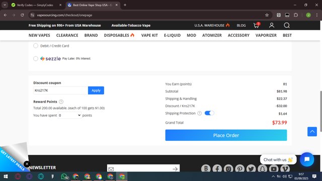 Vapesourcing checkout page showing Vapesourcing coupon code box | Screenshot taken by SimplyCodes community member on Sep 3, 2025