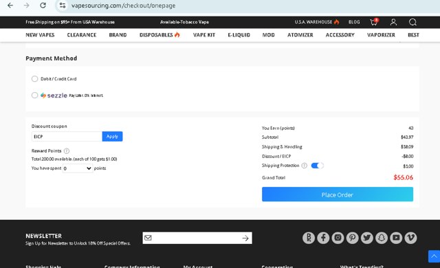 Vapesourcing checkout page showing Vapesourcing coupon code box | Screenshot taken by SimplyCodes community member on Sep 3, 2025