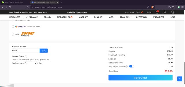 Vapesourcing checkout page showing Vapesourcing coupon code box | Screenshot taken by SimplyCodes community member on Sep 3, 2025