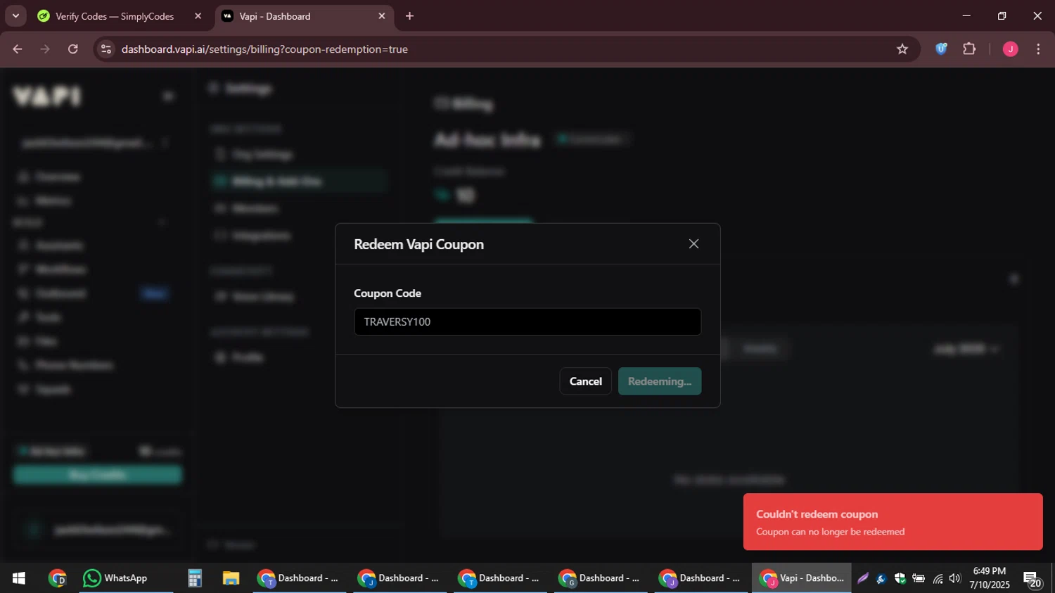 Vapi promo code screenshot showing code TRAVERSY100 applied at Vapi checkout page. Uploaded by SimplyCodes community member JackWilson63 on Jul 10, 2025