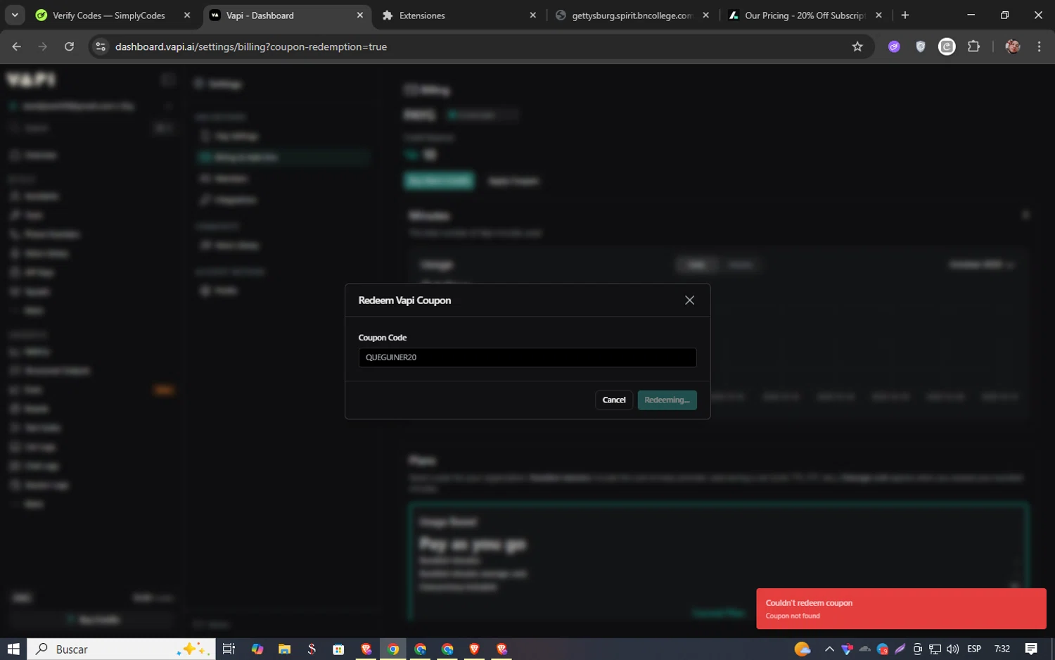 Vapi promo code screenshot showing code QUEGUINER20 applied at Vapi checkout page. Uploaded by SimplyCodes community member 61451681 on Oct 21, 2025