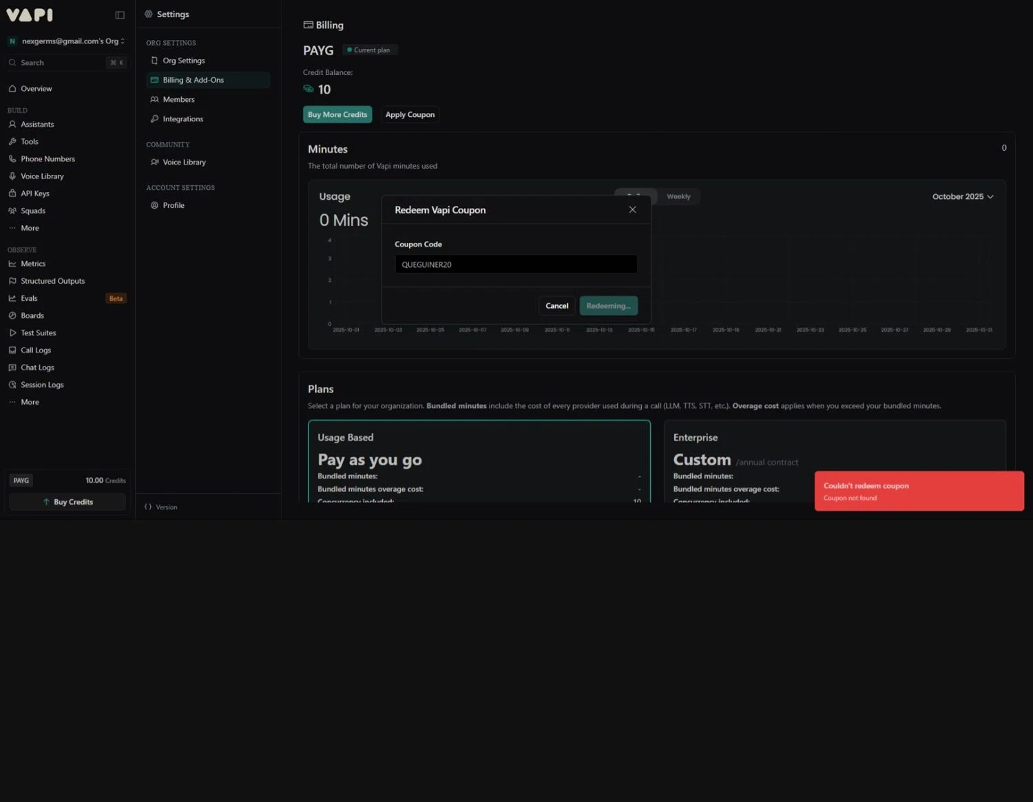 Vapi promo code screenshot showing code QUEGUINER20 applied at Vapi checkout page. Uploaded by SimplyCodes community member DealEagle3415 on Oct 21, 2025