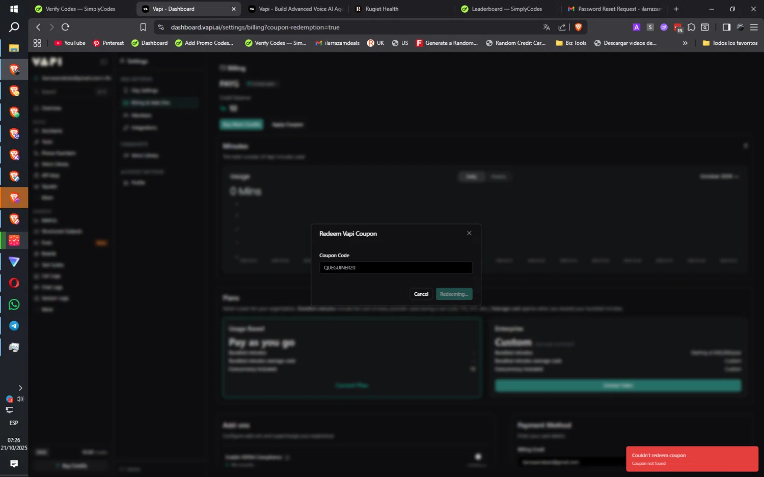 Vapi promo code screenshot showing code QUEGUINER20 applied at Vapi checkout page. Uploaded by SimplyCodes community member ilarrazaM1 on Oct 21, 2025