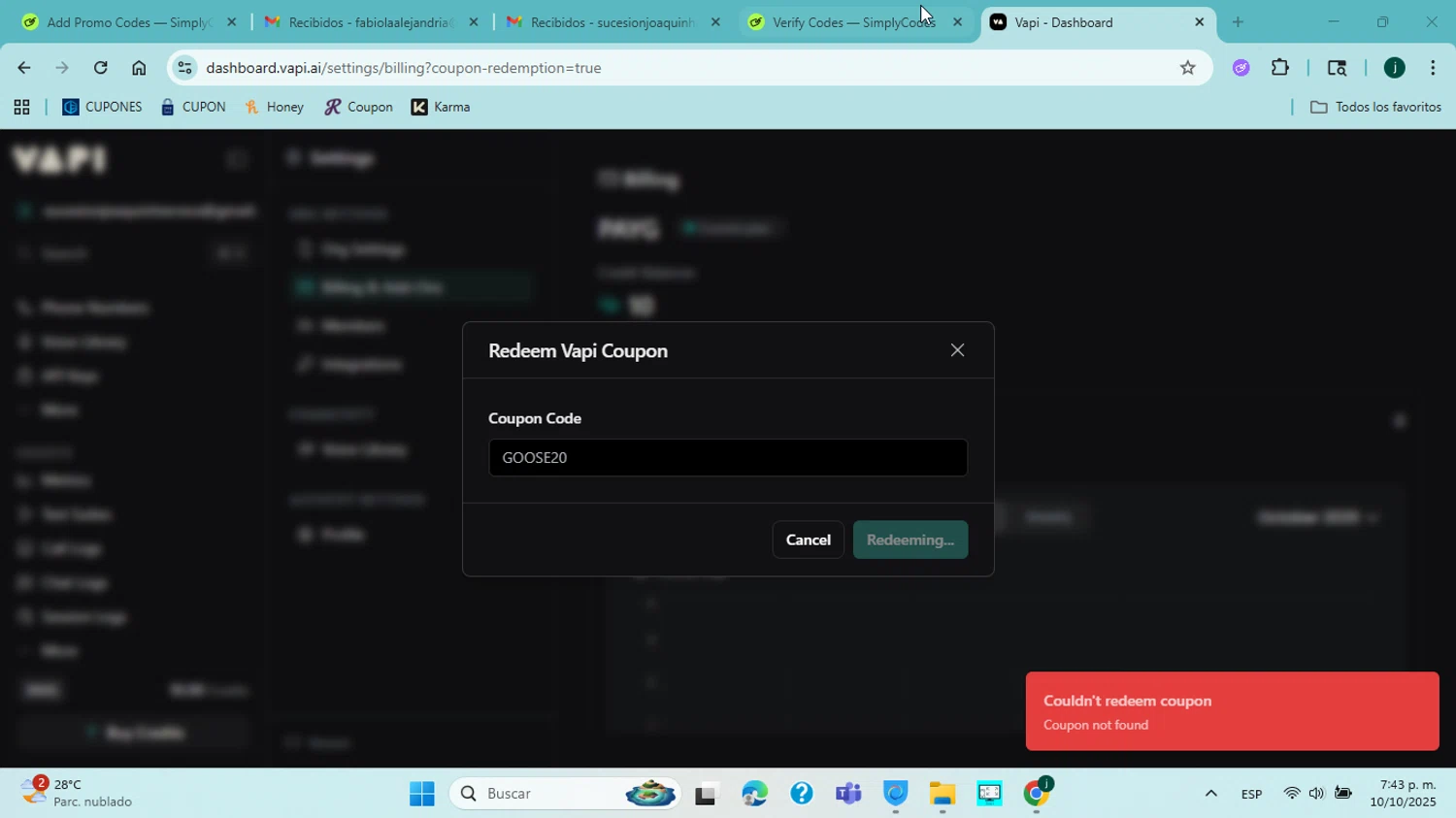 Vapi promo code screenshot showing code GOOSE20 applied at Vapi checkout page. Uploaded by SimplyCodes community member ABHF23 on Oct 10, 2025