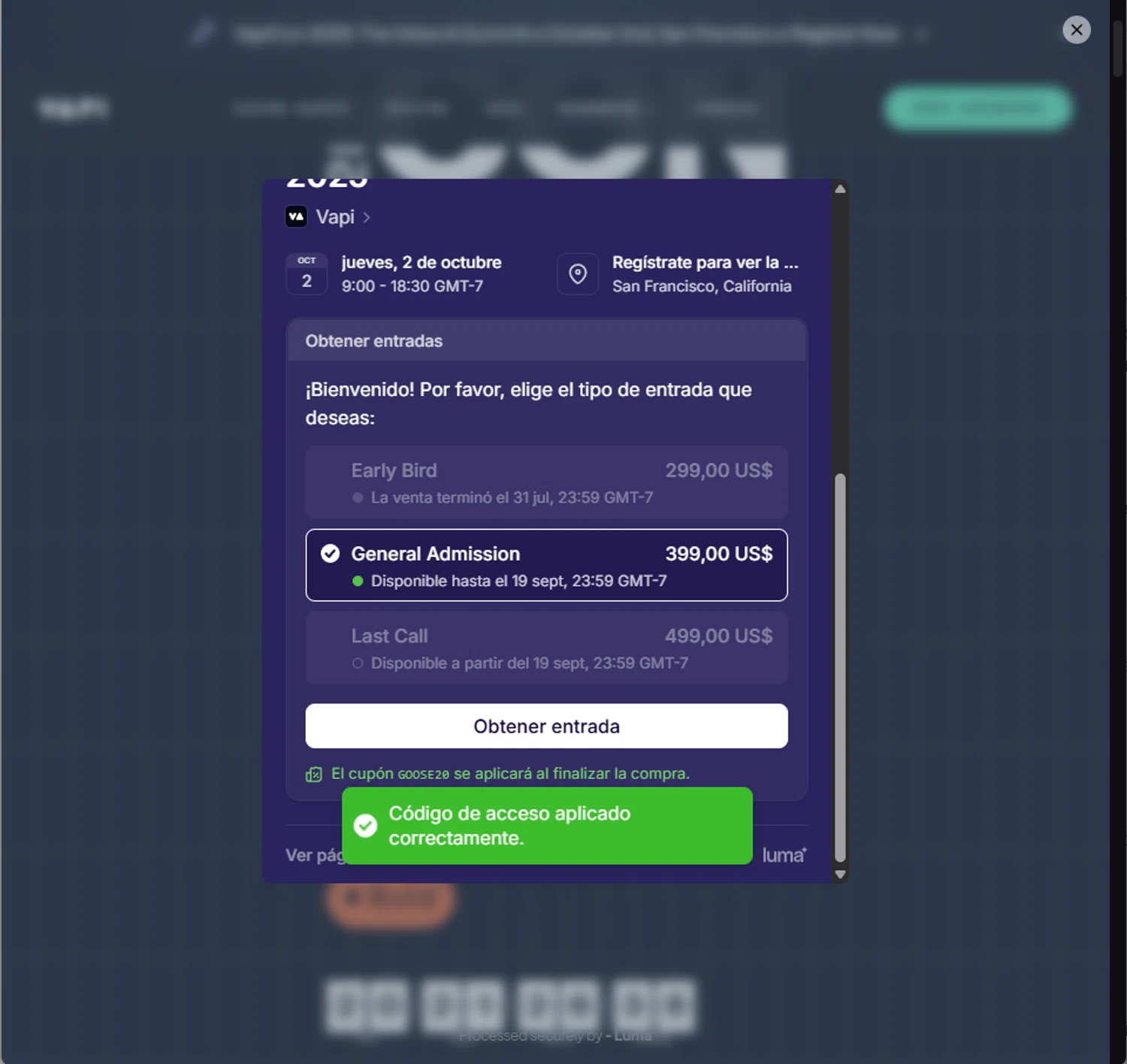 Vapi promo code screenshot showing code GOOSE20 applied at Vapi checkout page. Uploaded by SimplyCodes community member PillarsofCreation on Sep 11, 2025