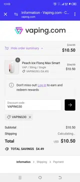 Vaping.com coupon verification screenshot