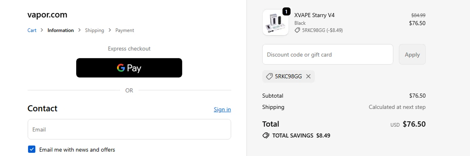 Vapor.com promo code screenshot showing code 5RKC98GG applied at Vapor.com checkout page. Uploaded by SimplyCodes community member SilverMakeup on Jun 8, 2026