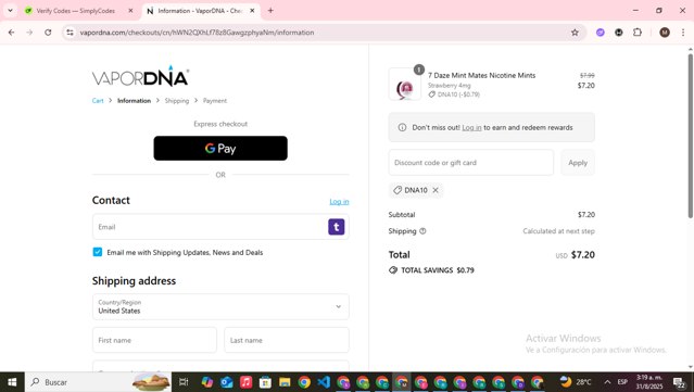 VaporDNA checkout page showing VaporDNA discount code box | Screenshot taken by SimplyCodes community member on Aug 31, 2025