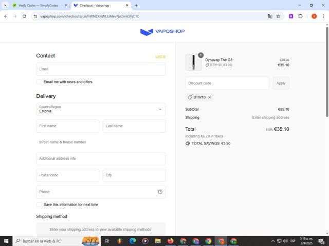 VapoShop checkout page showing VapoShop promo code box | Screenshot taken by SimplyCodes community member on Sep 3, 2025