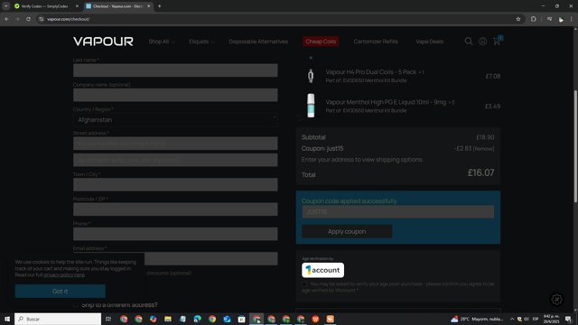 Vapour checkout page showing Vapour discount code box | Screenshot taken by SimplyCodes community member on Jun 20, 2025