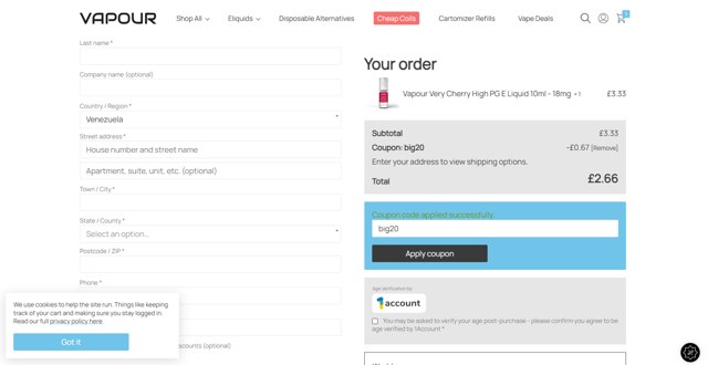 Vapour checkout page showing Vapour discount code box | Screenshot taken by SimplyCodes community member on Jul 24, 2025