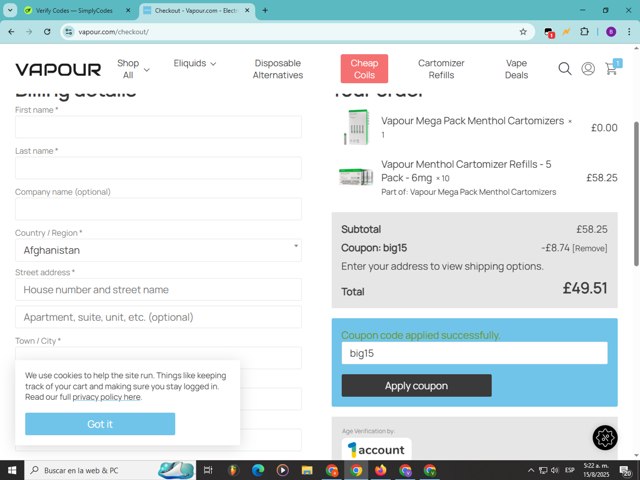 Vapour checkout page showing Vapour discount code box | Screenshot taken by SimplyCodes community member on Aug 15, 2025