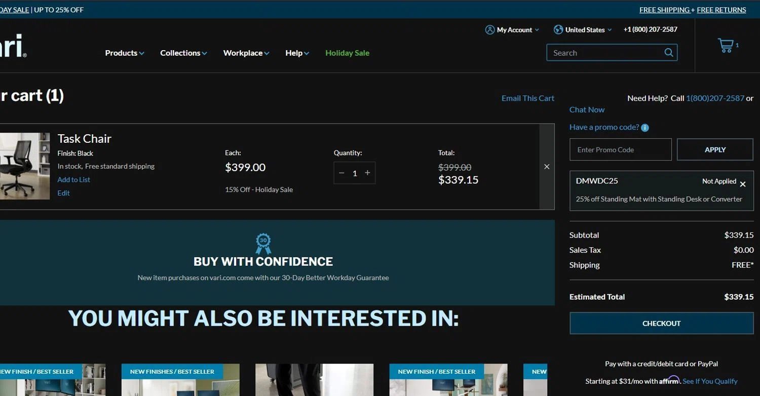 Vari promo code screenshot showing code DMWDC25 applied at Vari checkout page. Uploaded by SimplyCodes community member asucarmorena on Dec 24, 2025