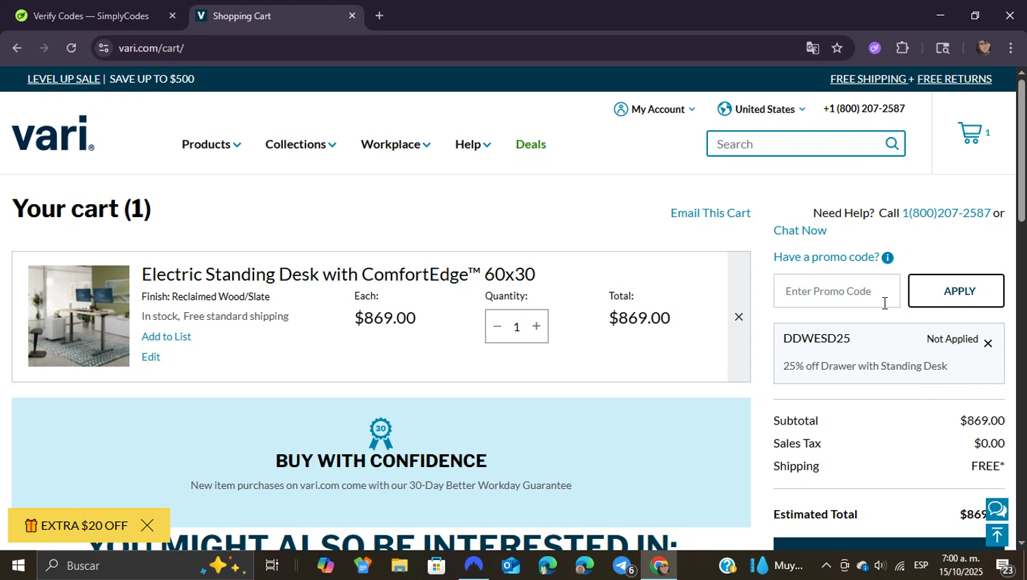 Vari promo code screenshot showing code DDWESD25 applied at Vari checkout page. Uploaded by SimplyCodes community member ShieldEagle9436 on Oct 15, 2025
