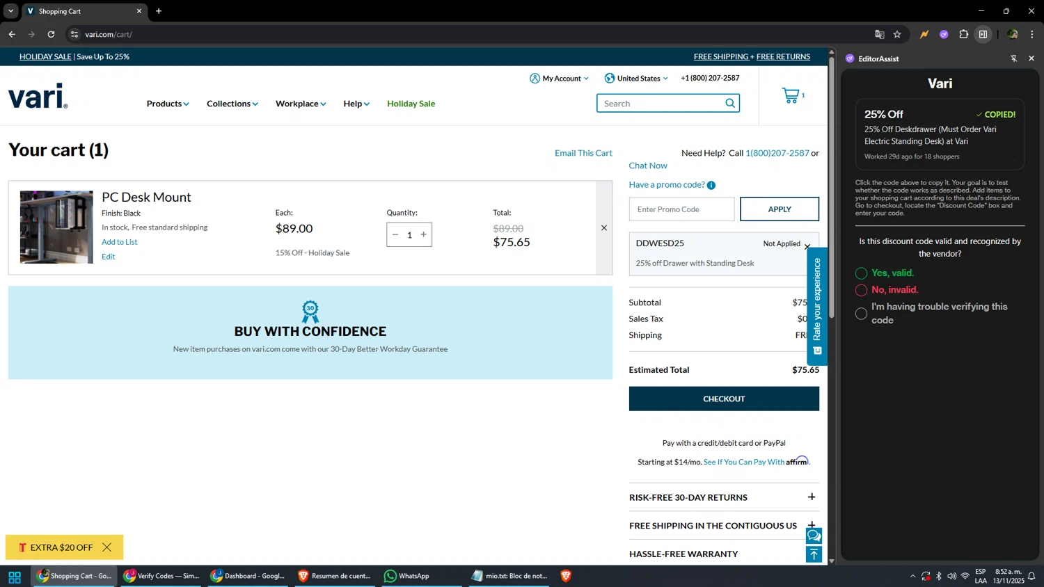 Vari promo code screenshot showing code DDWESD25 applied at Vari checkout page. Uploaded by SimplyCodes community member yonaiker on Nov 13, 2025